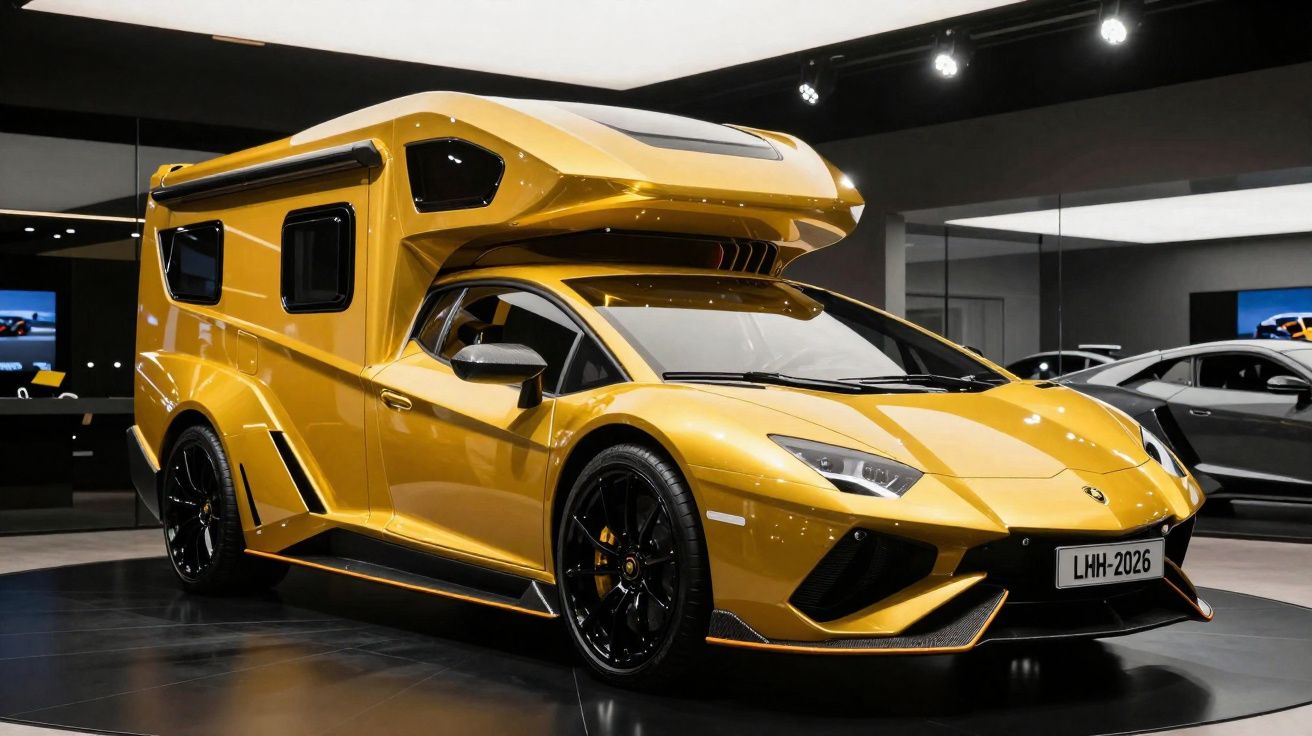 Caravana de luxo amarela com design esportivo, exibida em salão de automóveis moderno.