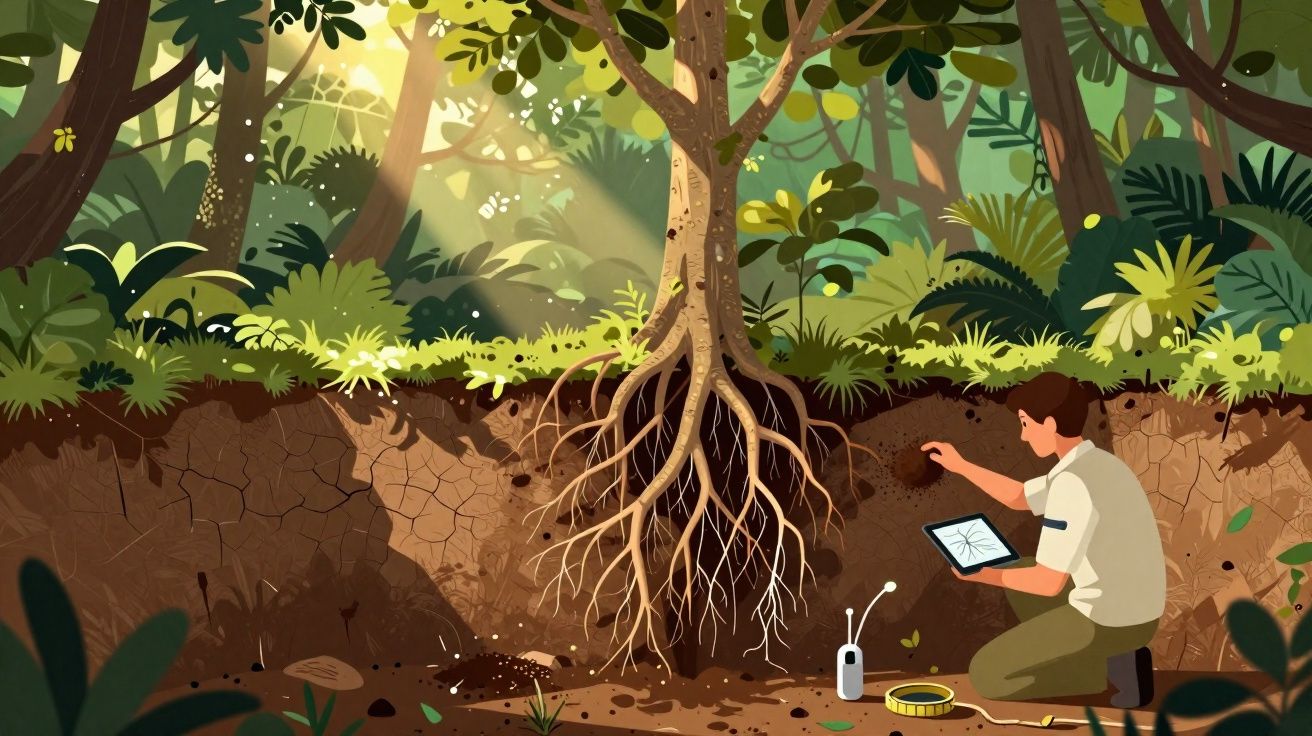 Ilustração de cientista a estudar raízes de árvore em floresta com instrumentos e tablet digital.