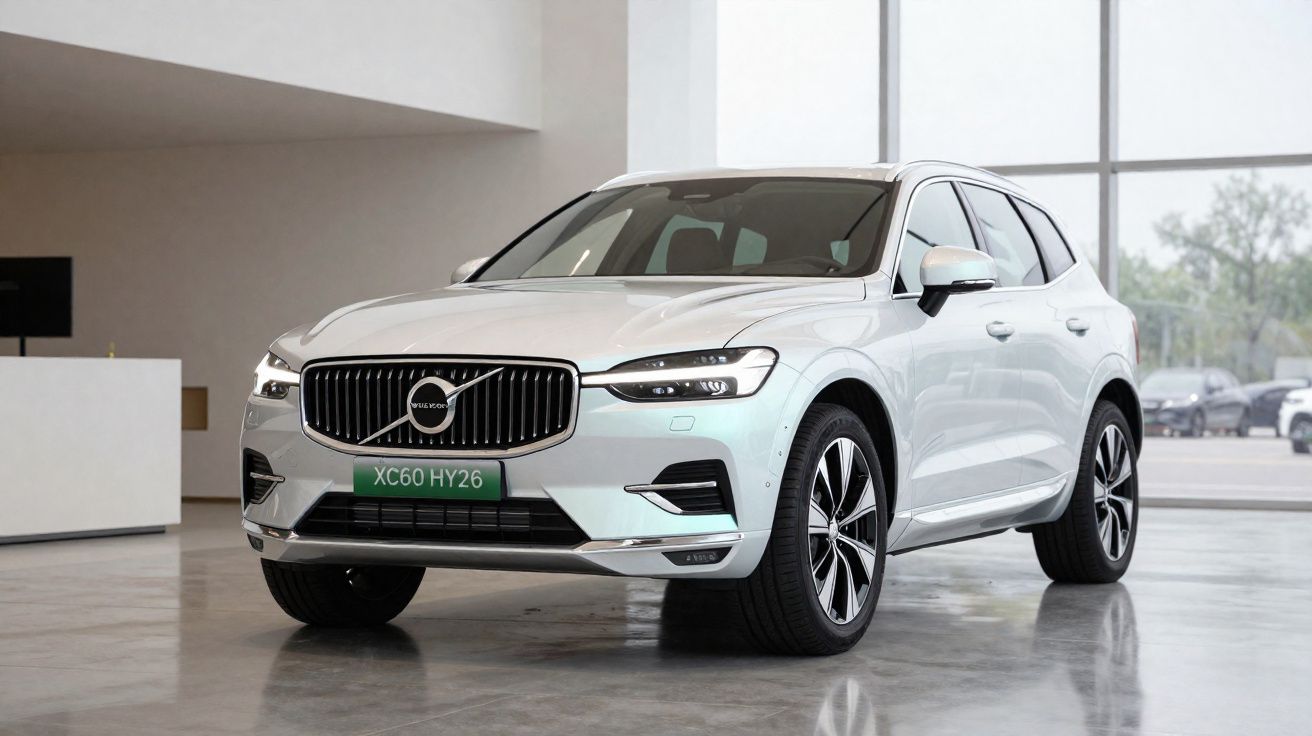 Carro Volvo XC60 branco estacionado em piso interior com grande janela ao fundo.