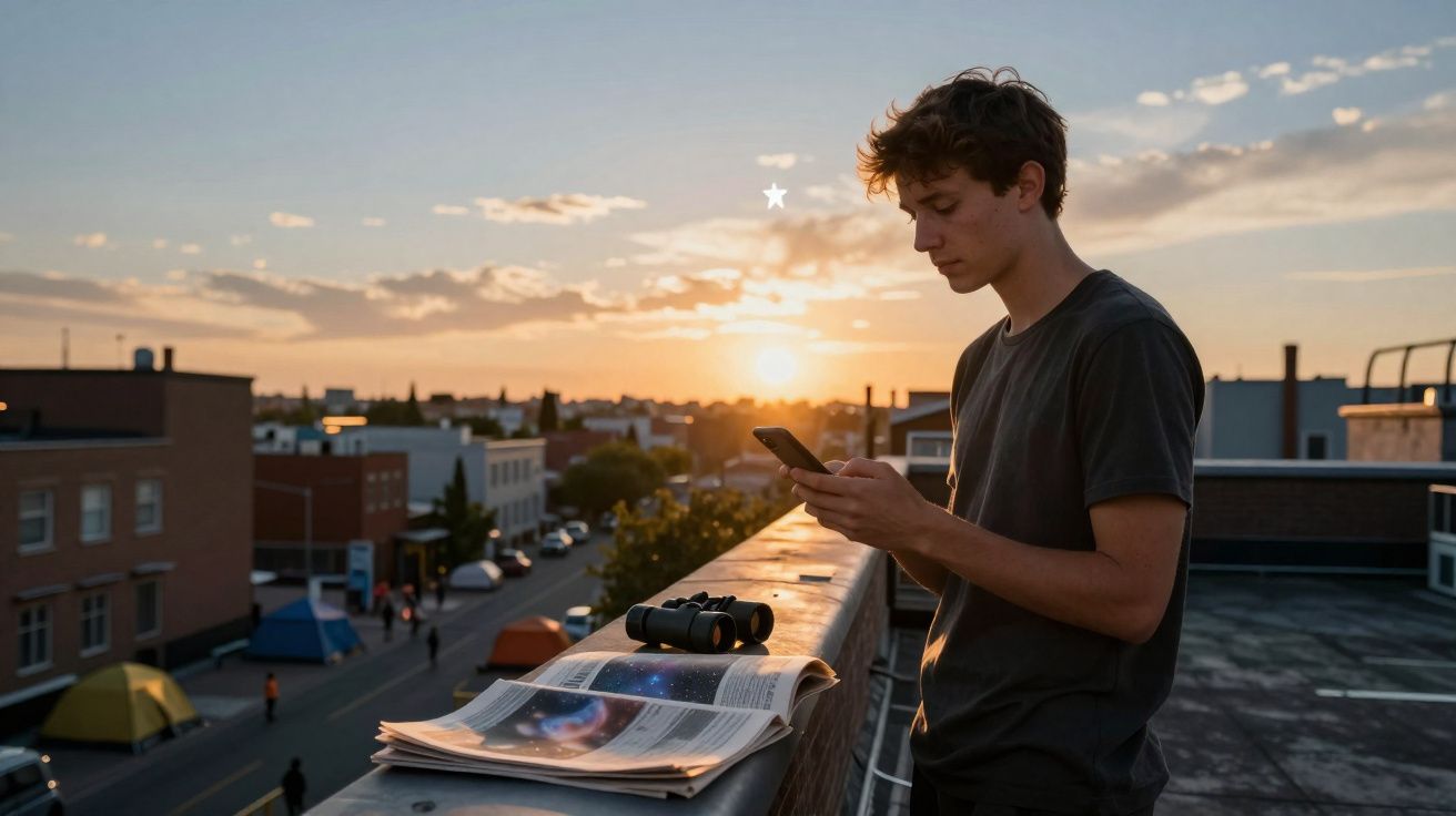 Jovem observa o telemóvel ao pôr do sol numa varanda, com jornal e binóculos na parede.