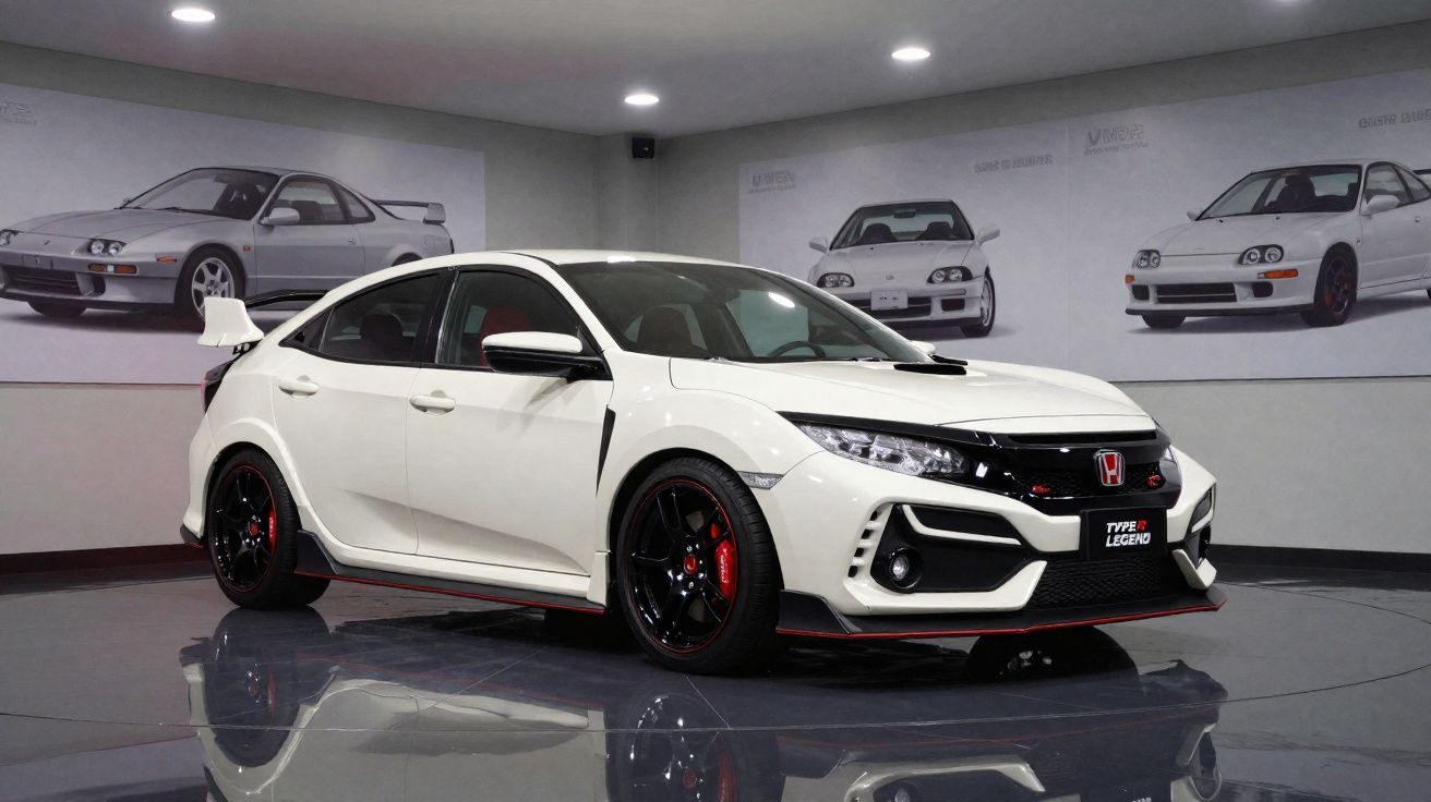 Automóvel desportivo branco Honda Civic Type R exposto em sala com pôsteres de carros antigos na parede.