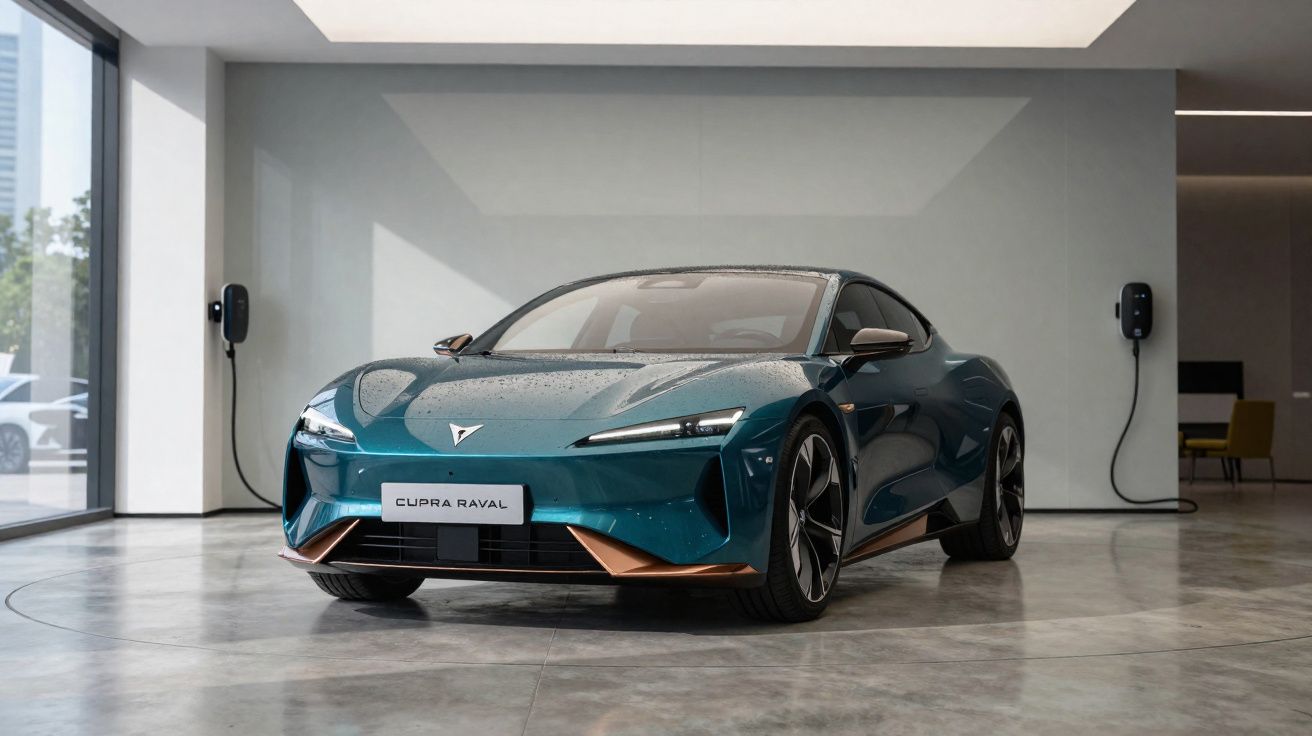 Cupra Raval eléctrico azul com detalhes em cobre, estacionado dentro de showroom moderno e minimalista.