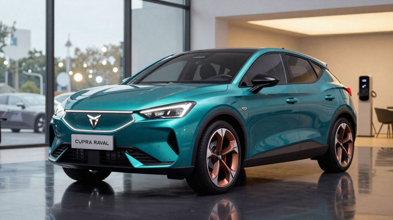 Cupra Raval elétrico verde exposto num showroom moderno com piso espelhado.