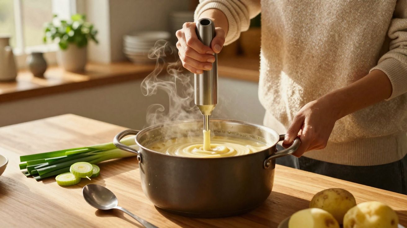 Pessoa a triturar sopa cremosa numa panela numa cozinha com legumes frescos na bancada.