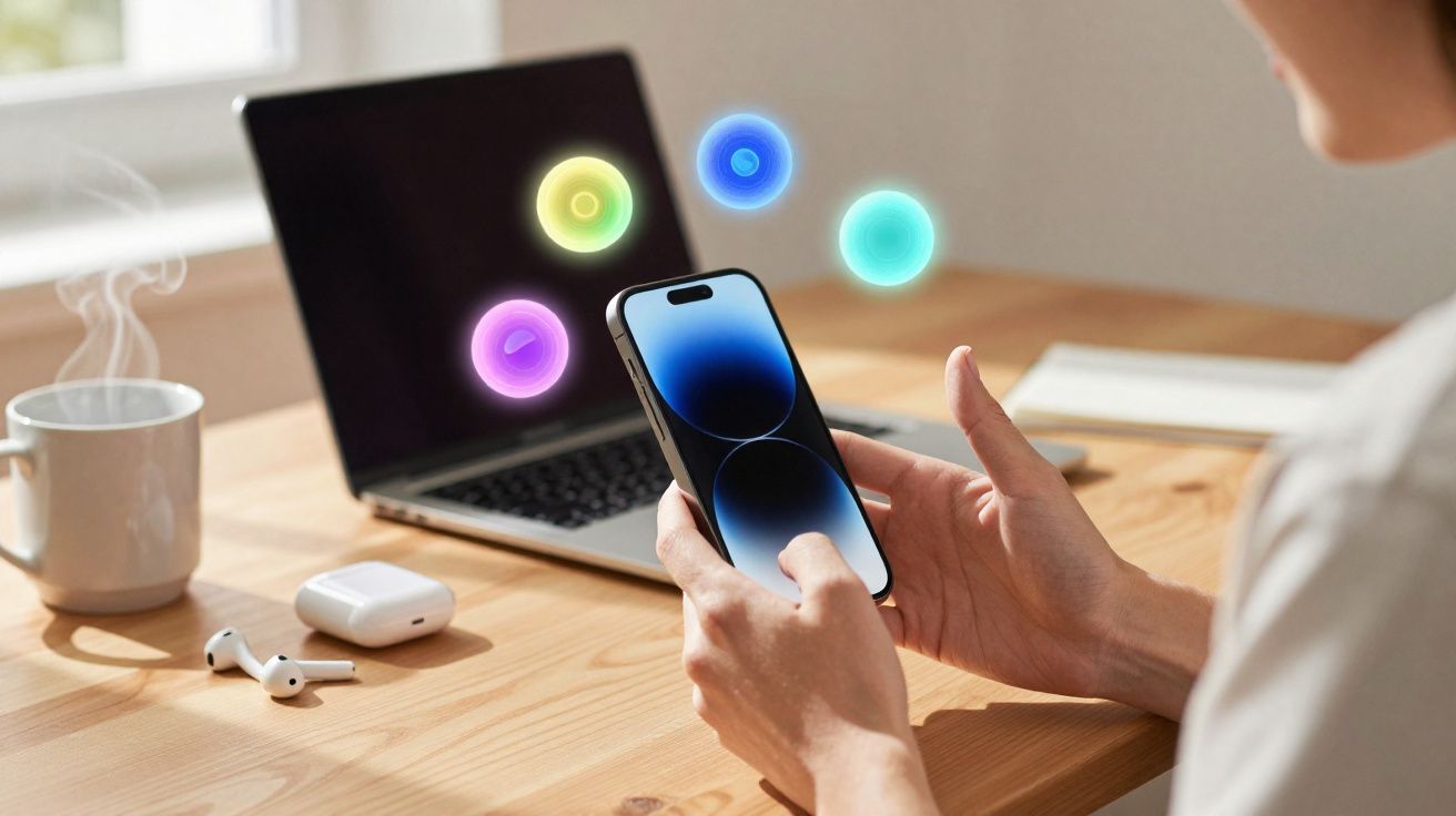 Pessoa a usar smartphone perto de portátil, auriculares sem fios e chá a vapor numa secretária de madeira.