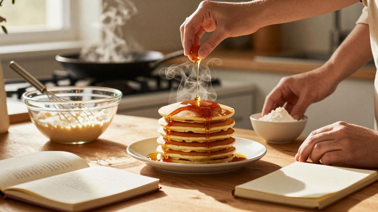 Mãos a verter xarope quente sobre pilha de panquecas quentes numa cozinha com livros e ingredientes.
