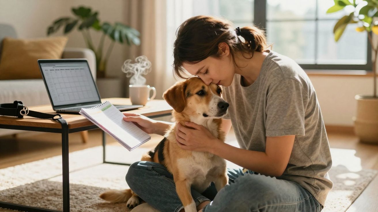 Mulher sentada no chão abraça e consolida cão ao lado de mesa com portátil e caderno, luz natural entra pela janela.