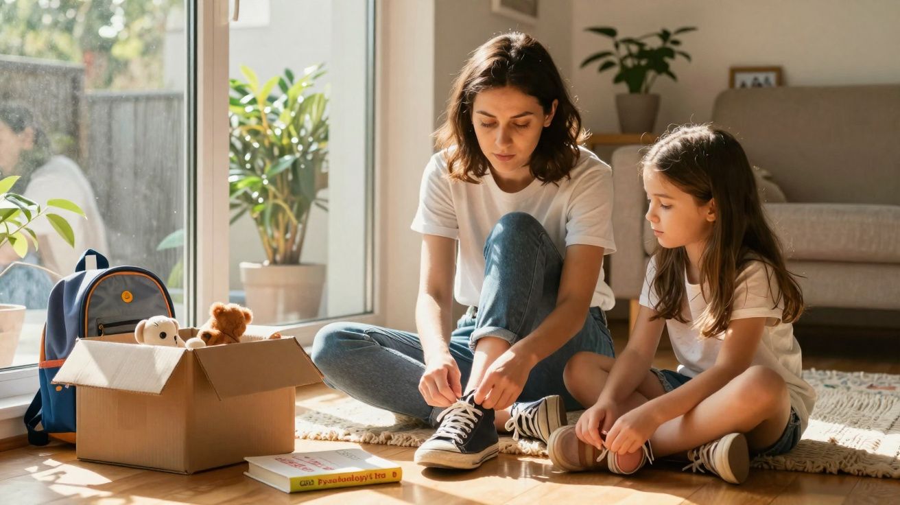 Mulher e menina sentadas no chão junto a caixa de brinquedos, amarrando ténis numa sala iluminada.