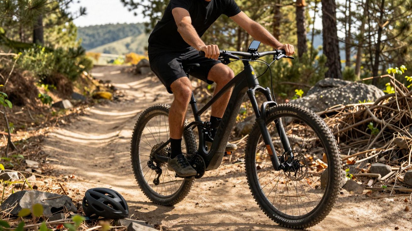 Pessoa a pedalar bicicleta de montanha num trilho de terra rodeado de árvores e vegetação.