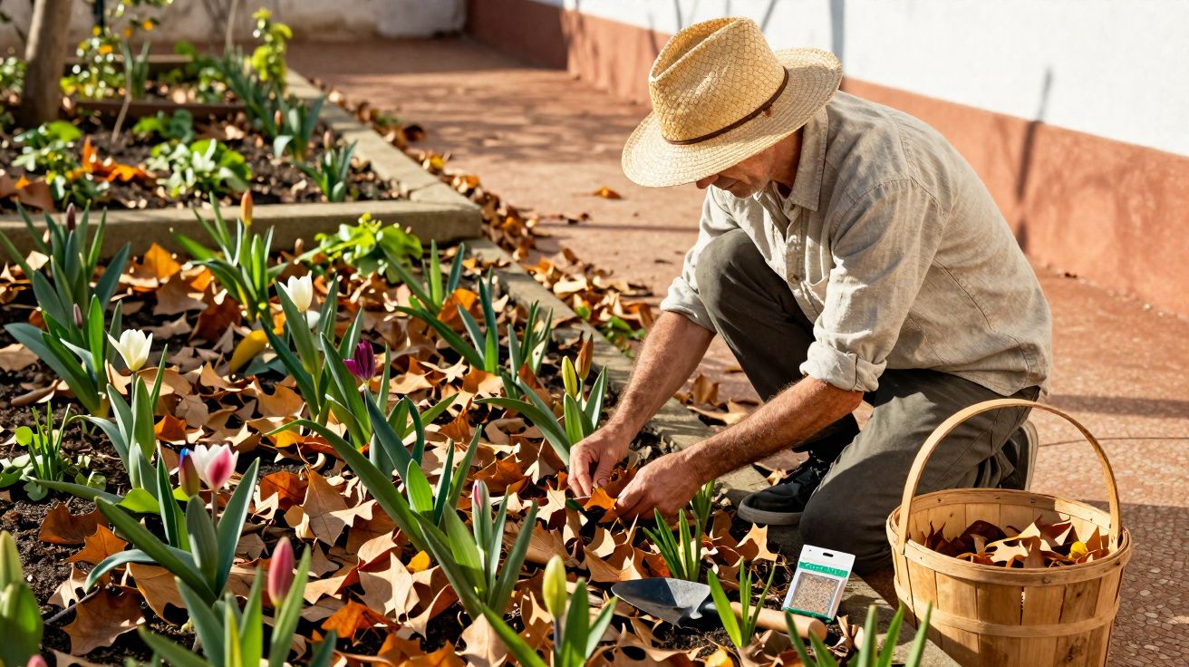 Homem com chapéu de palha cuida de plantas num jardim com folhas secas espalhadas pelo chão.
