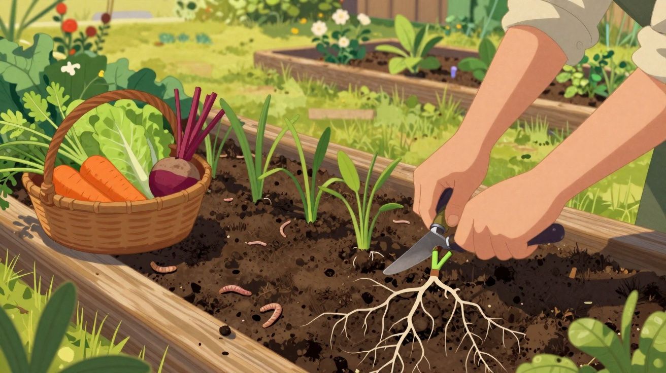 Pessoas a plantar vegetais em canteiro com cesta de cenouras, couve e beterrabas ao lado.