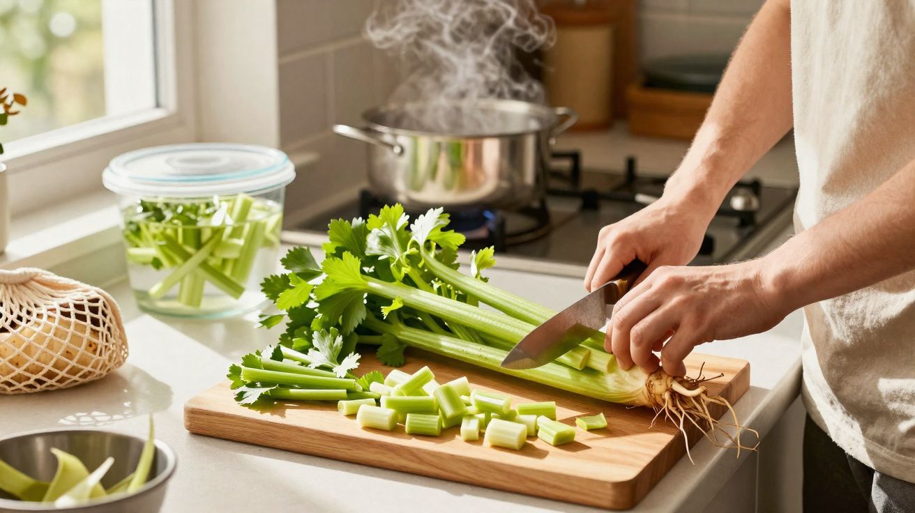 Pessoa a cortar aipo numa tábua na cozinha com panela a ferver ao fundo.