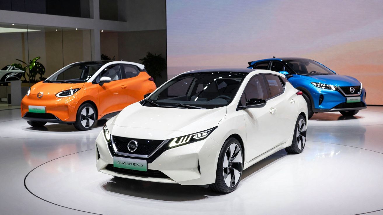 Três carros elétricos Nissan em exposição, nas cores branco, laranja e azul, em ambiente moderno e iluminado.
