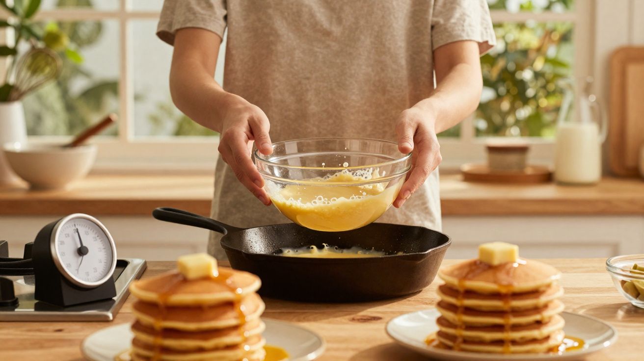 Pessoa a despejar mistura de ovos numa frigideira para fazer panquecas, com duas pilhas de panquecas numa mesa.