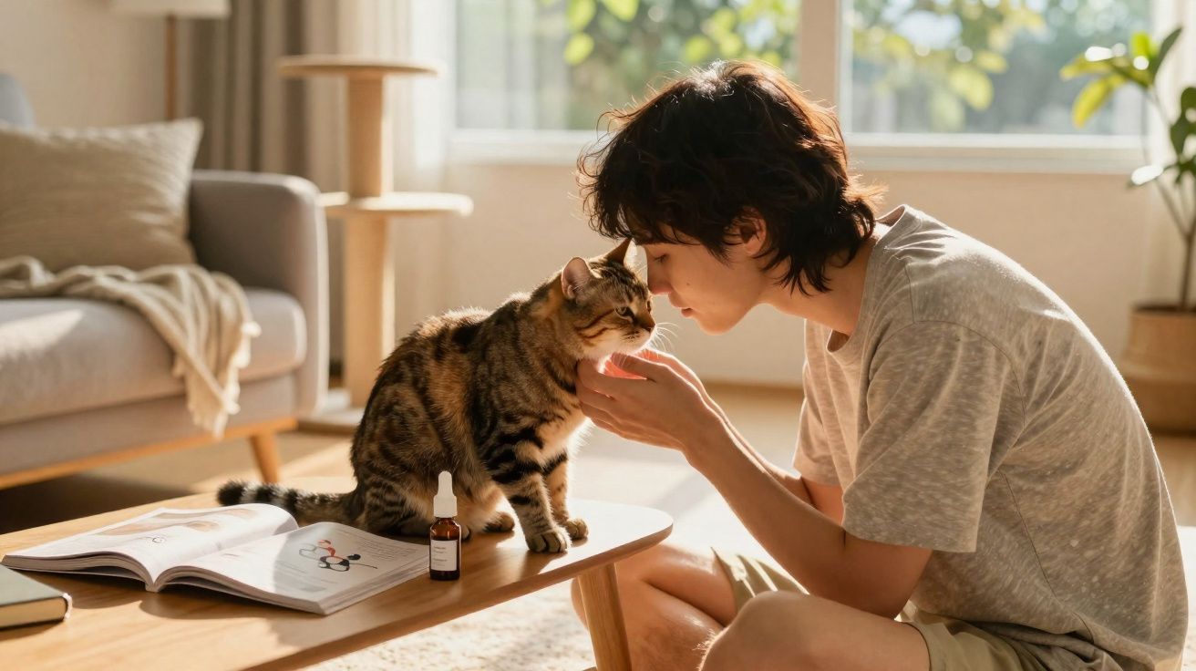 Pessoa jovem acaricia gato que está em cima de uma mesa com livros e frasco num ambiente iluminado.
