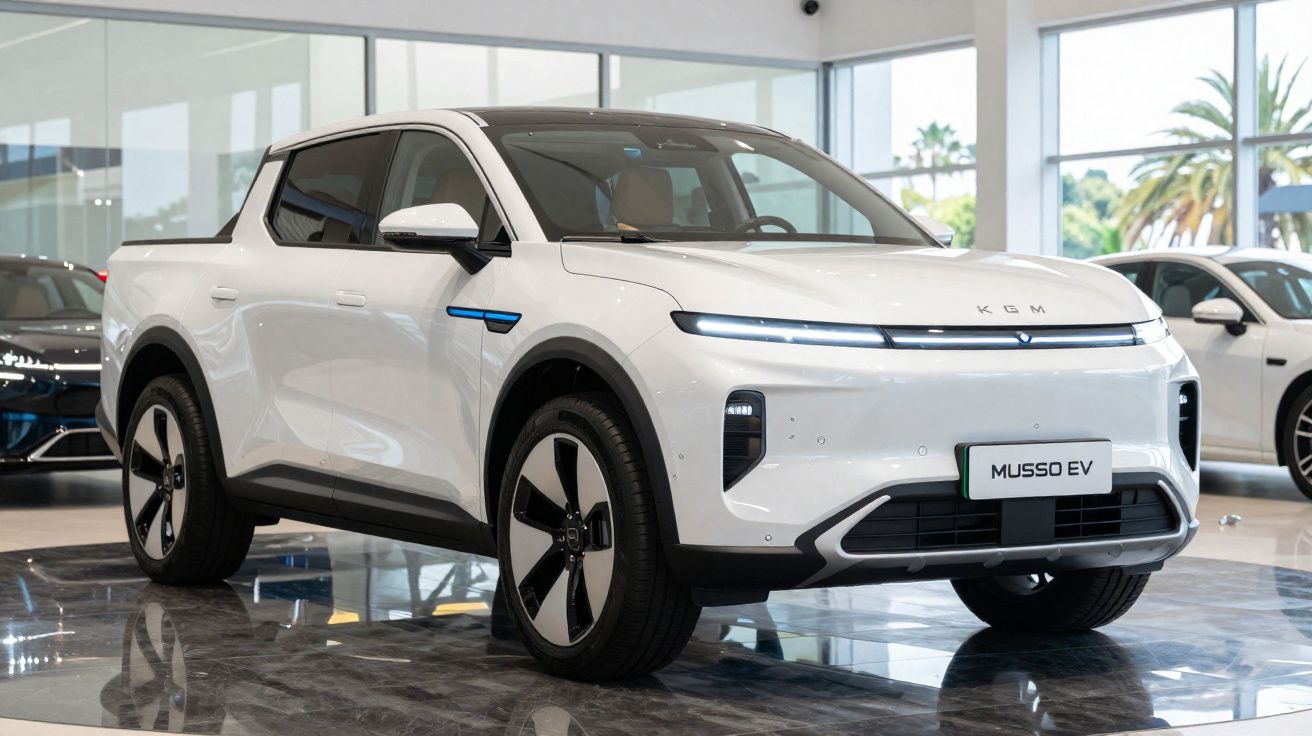 Pick-up elétrica branca KGM Musso EV, moderna, exposta num salão automóvel.