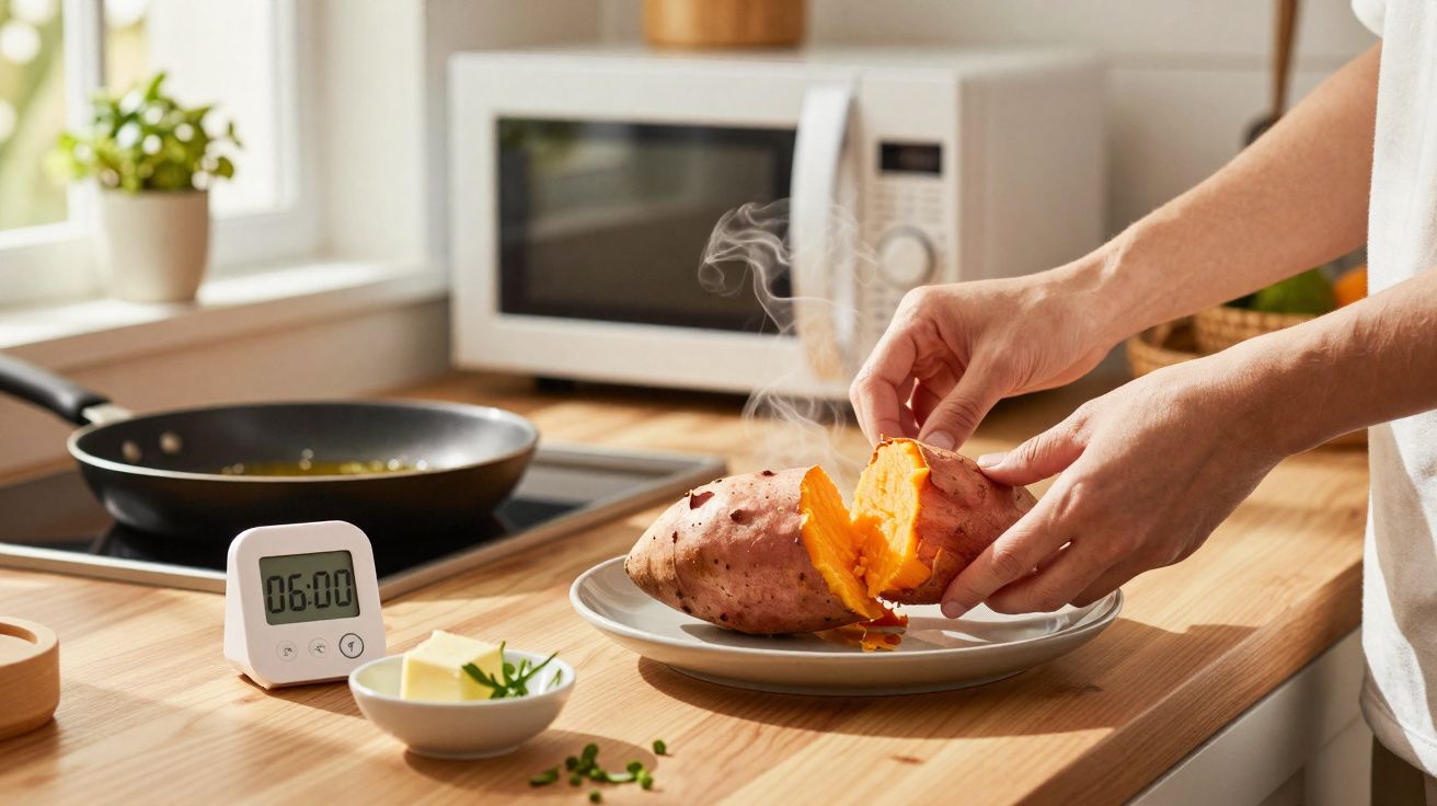 Mãos a partir uma batata-doce cozida a vapor numa cozinha luminosa com temporizador e ingredientes ao fundo.