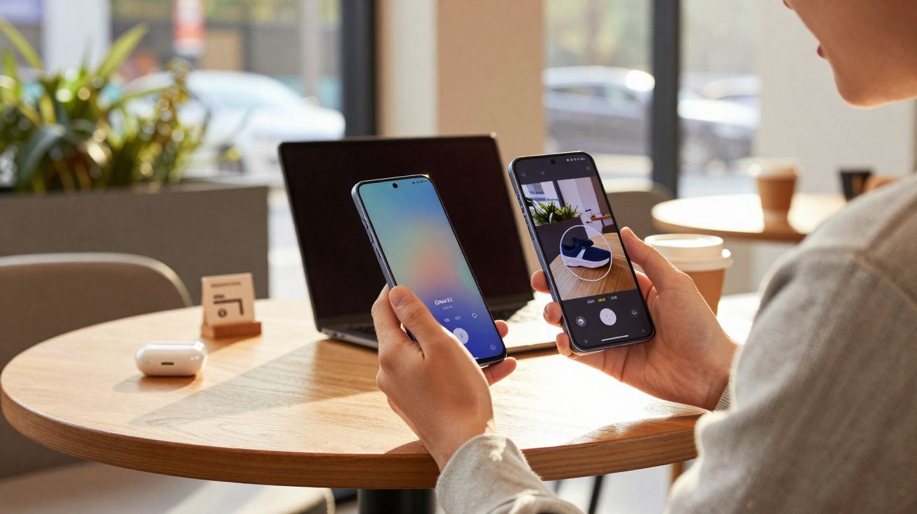 Pessoa a segurar dois telemóveis, um com ecrã de bloqueio e outro a tirar foto de um par de auscultadores numa mesa com portá