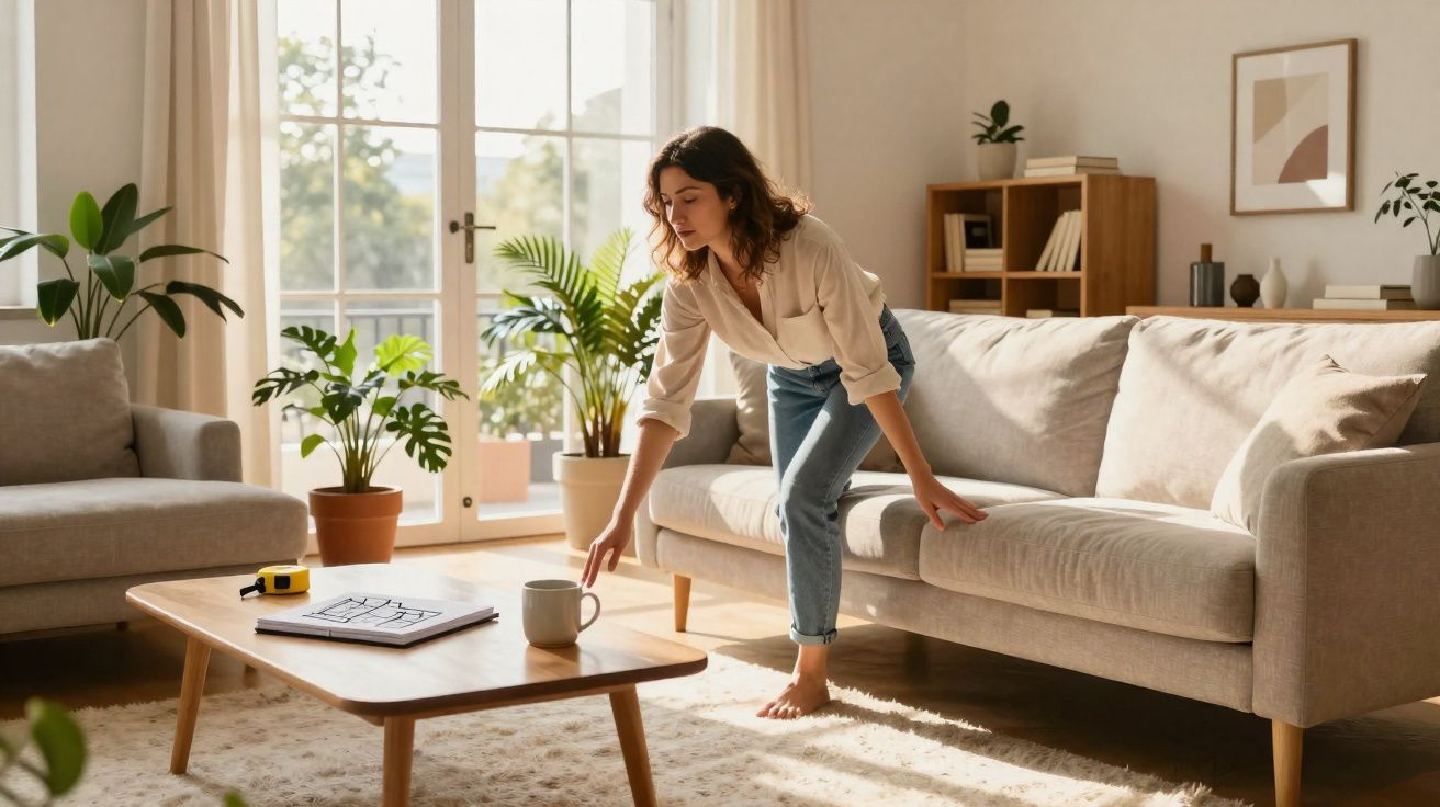 Mulher a apanhar uma chávena numa mesa de centro numa sala iluminada com plantas e sofá.