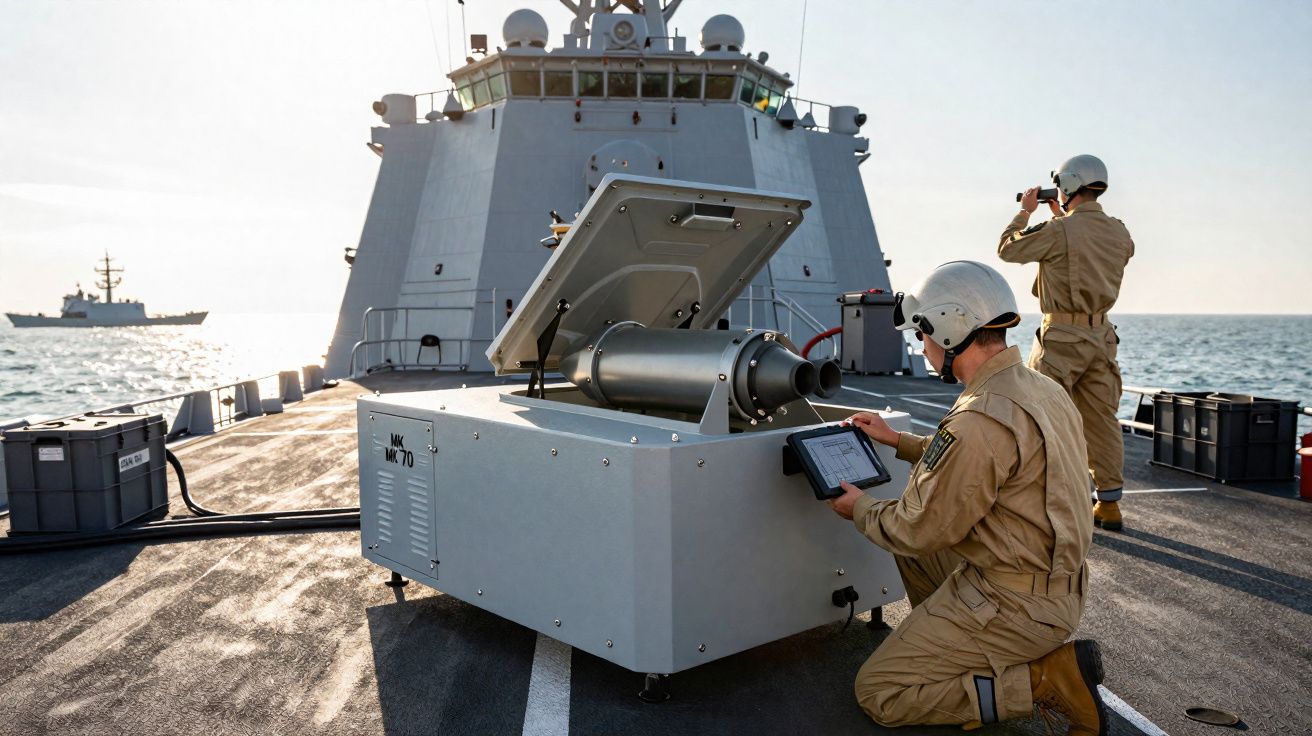 Marinheiros operam equipamento militar num navio de guerra no mar, com outro navio ao longe.