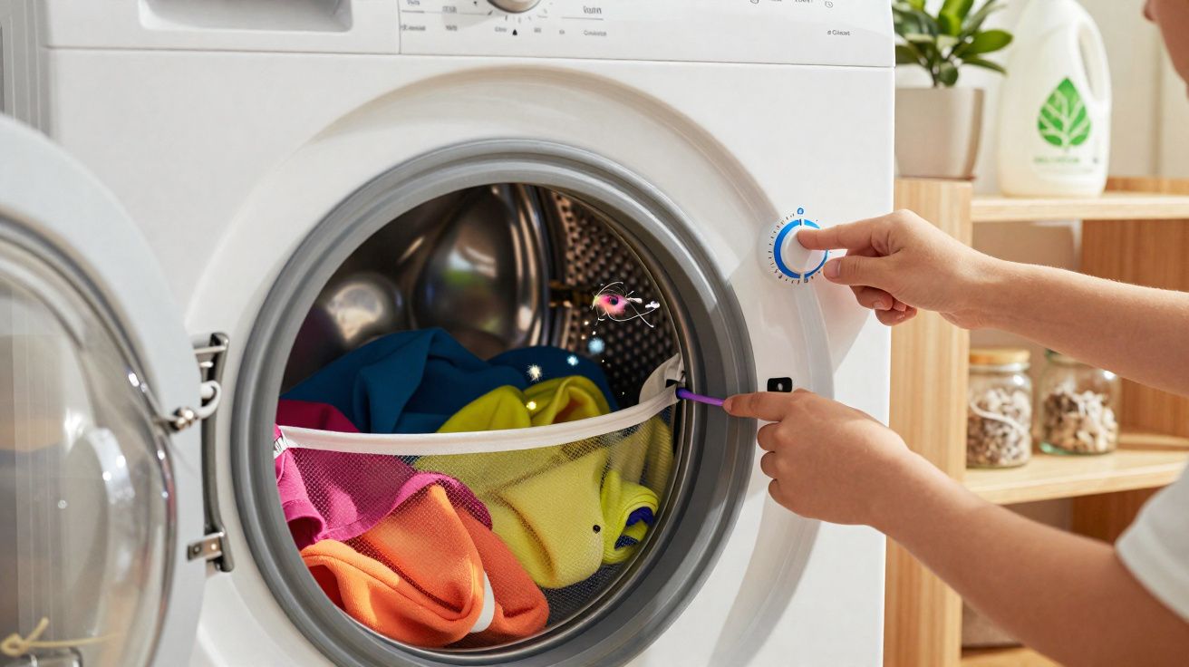 Máquina de lavar roupa aberta com roupa colorida dentro e mãos a ajustar o botão do ciclo.