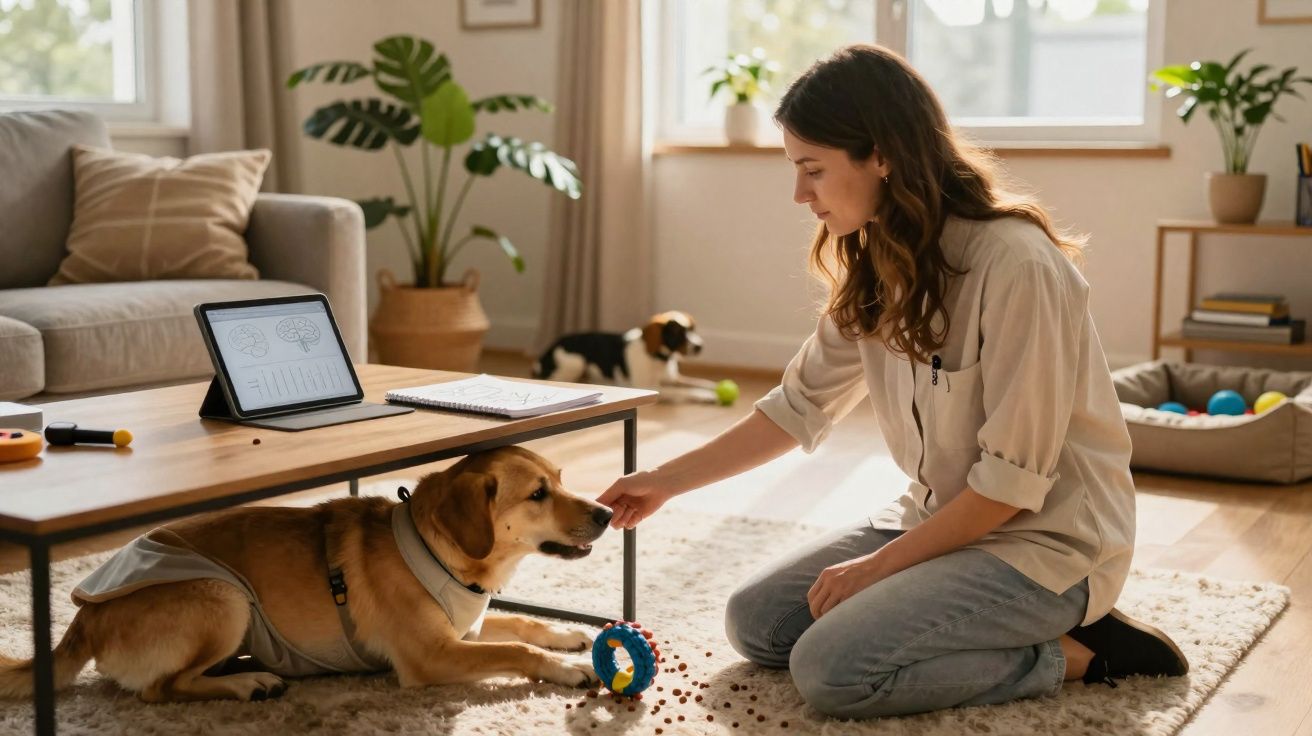 Mulher a cuidar e alimentar cão com fraldas para incontinência num ambiente confortável e iluminado.