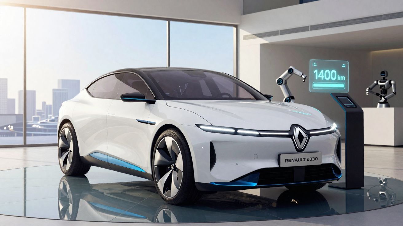 Carro elétrico branco futurista Renault 2030 exposto em showroom com painel digital a mostrar autonomia de 1400 km.