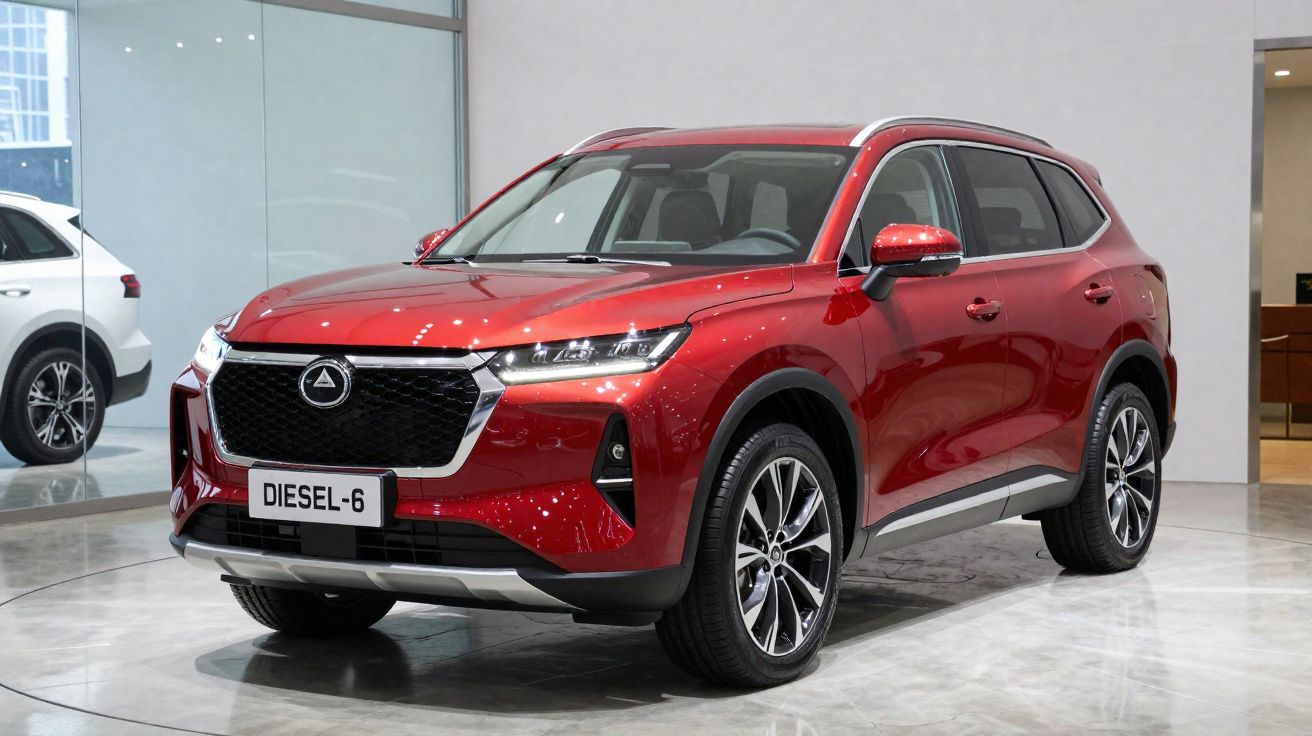 Carro SUV vermelho com matrícula "DIESEL-6" exibido num salão de automóveis moderno.