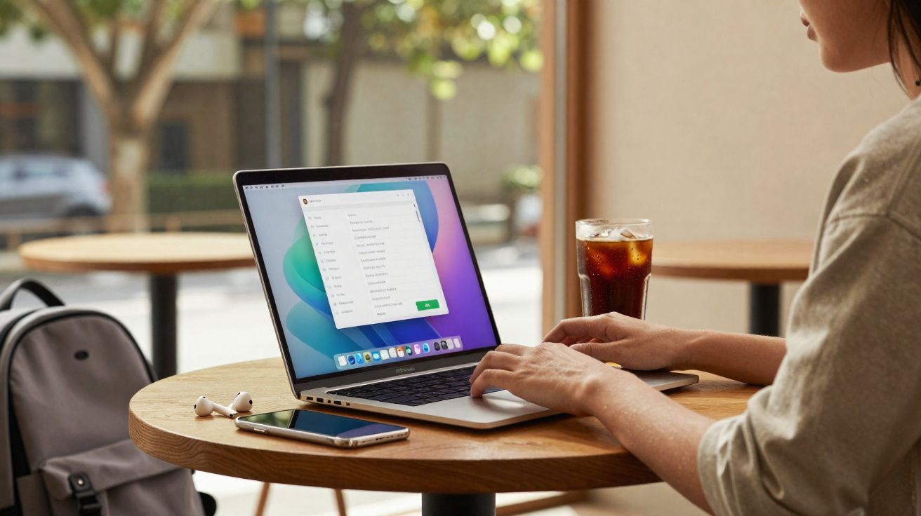 Pessoa a usar computador portátil num café com mochila, smartphone, auriculares e bebida sobre a mesa.