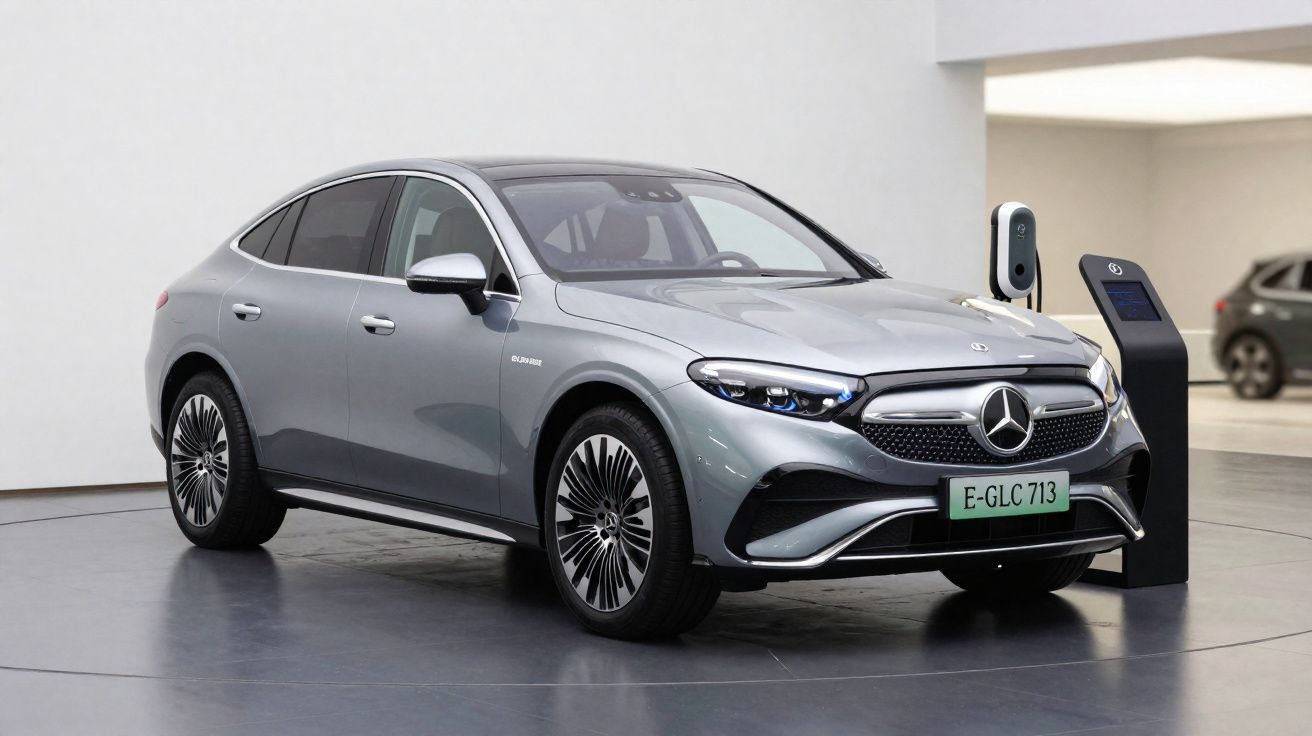 Carro elétrico Mercedes-Benz prata estacionado junto a posto de carregamento interior.