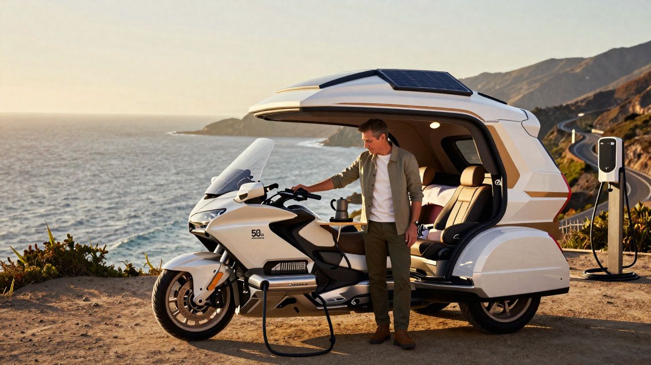 Homem junto a mota elétrica futurista com cabine aberta e painel solar, junto ao mar e estrada costeira.