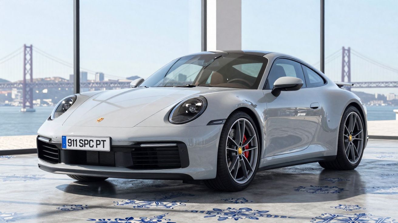 Carro desportivo Porsche 911 prata estacionado em espaço interior com janelas grandes e vista para ponte sobre água.