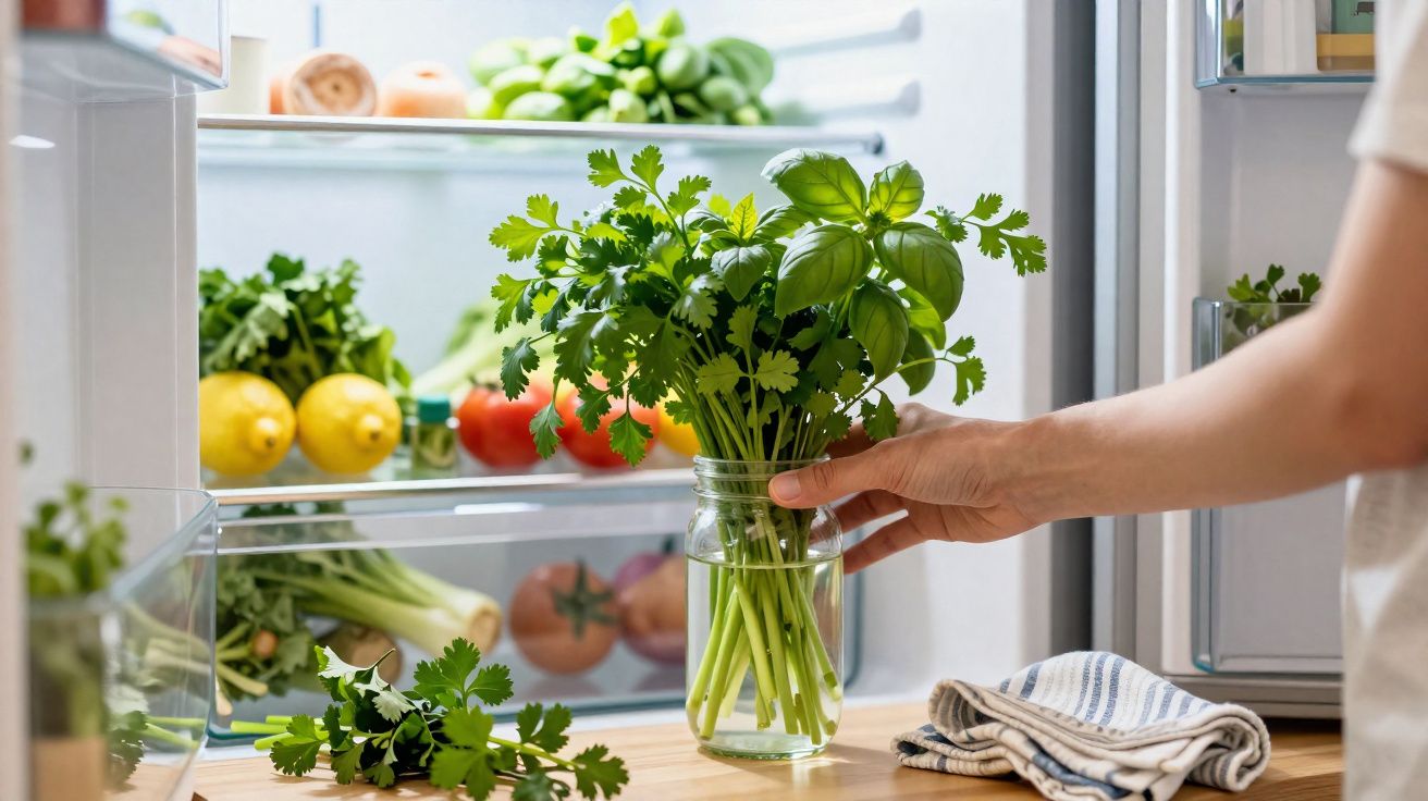 Mão a colocar ramo de ervas frescas em jarro de vidro junto a frigorífico aberto com frutas e legumes.