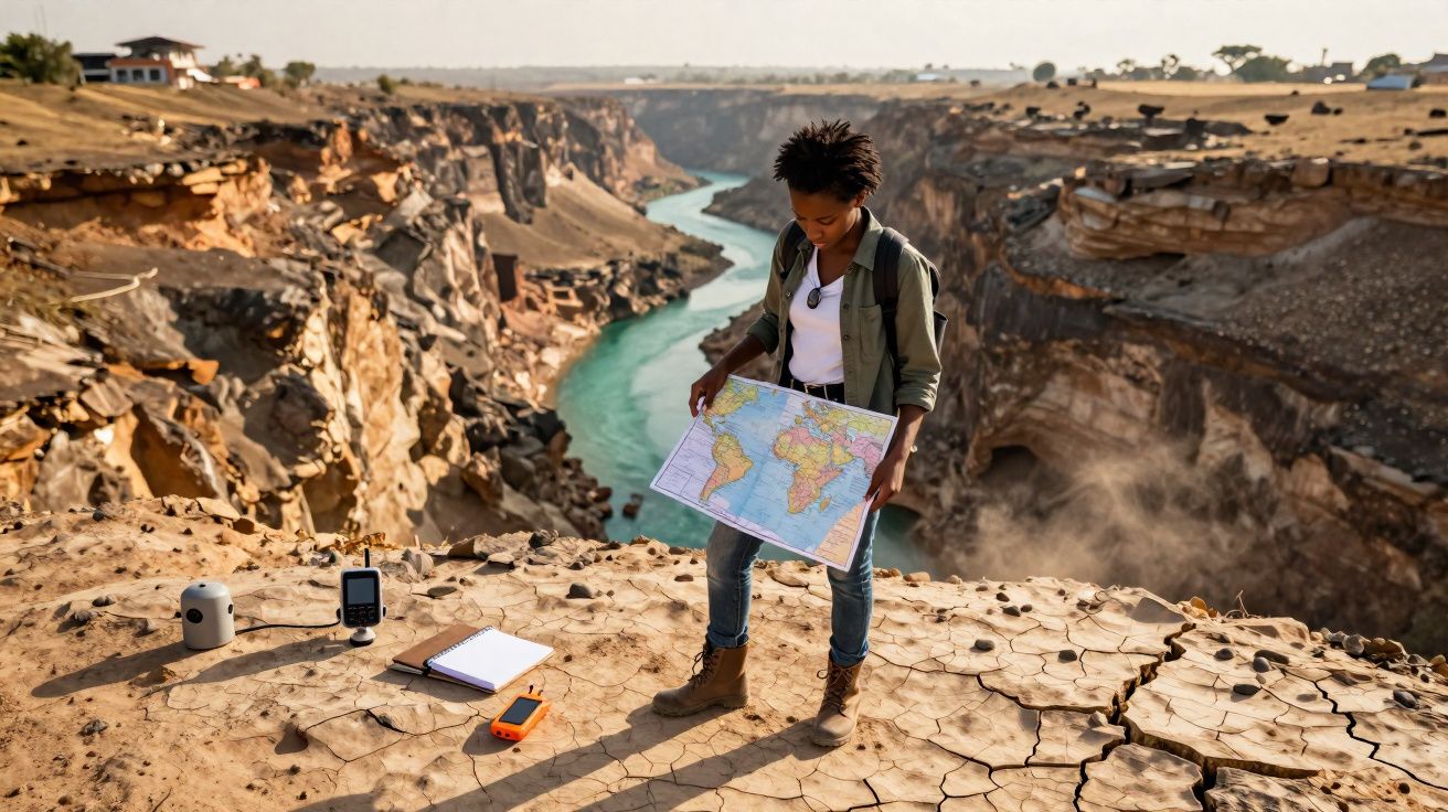 Jovem com mapa nas mãos observa penhasco seco, com rio azul a serpentear entre formações rochosas.