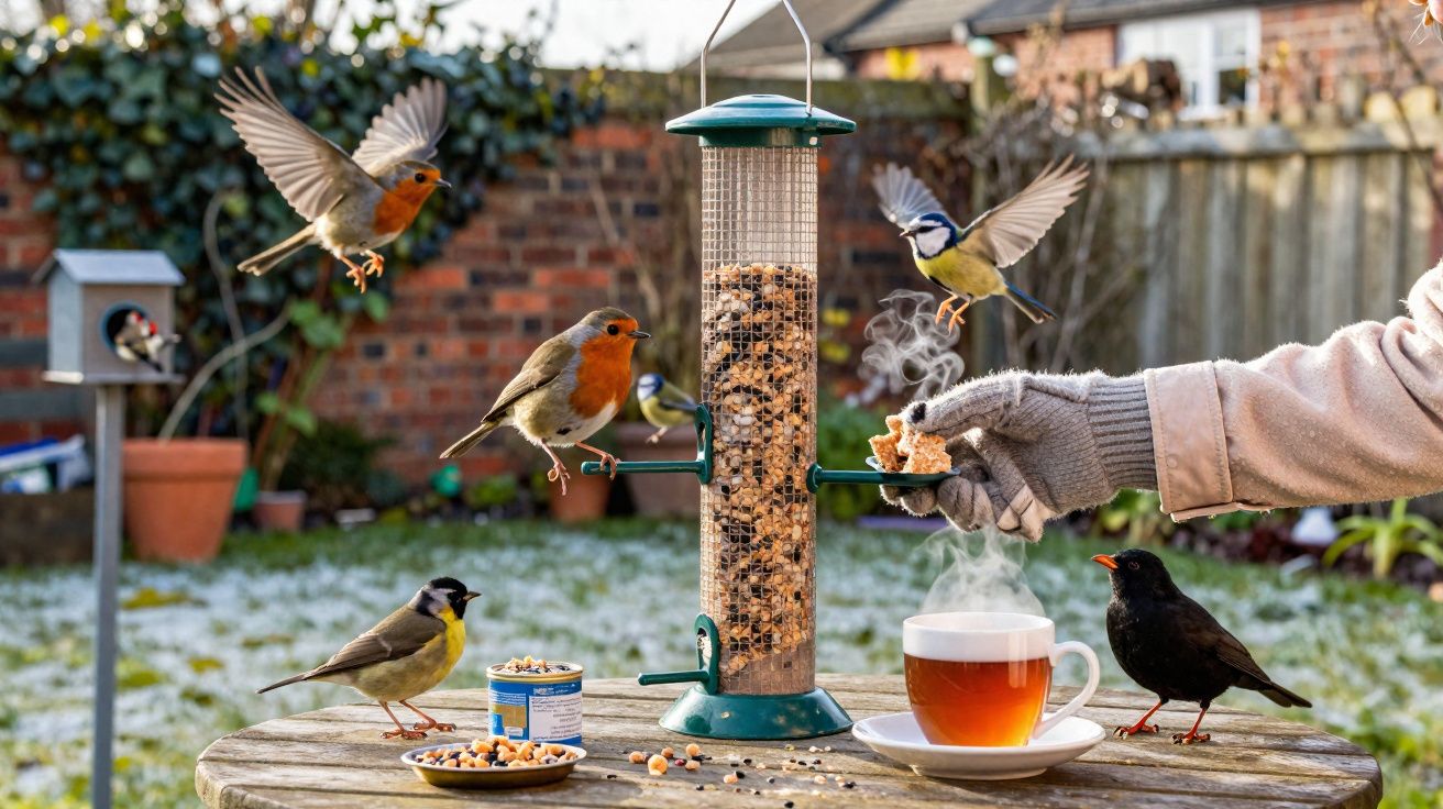 Pássaros em redor de um comedouro de sementes numa mesa de madeira com chá quente e uma mão com luva.