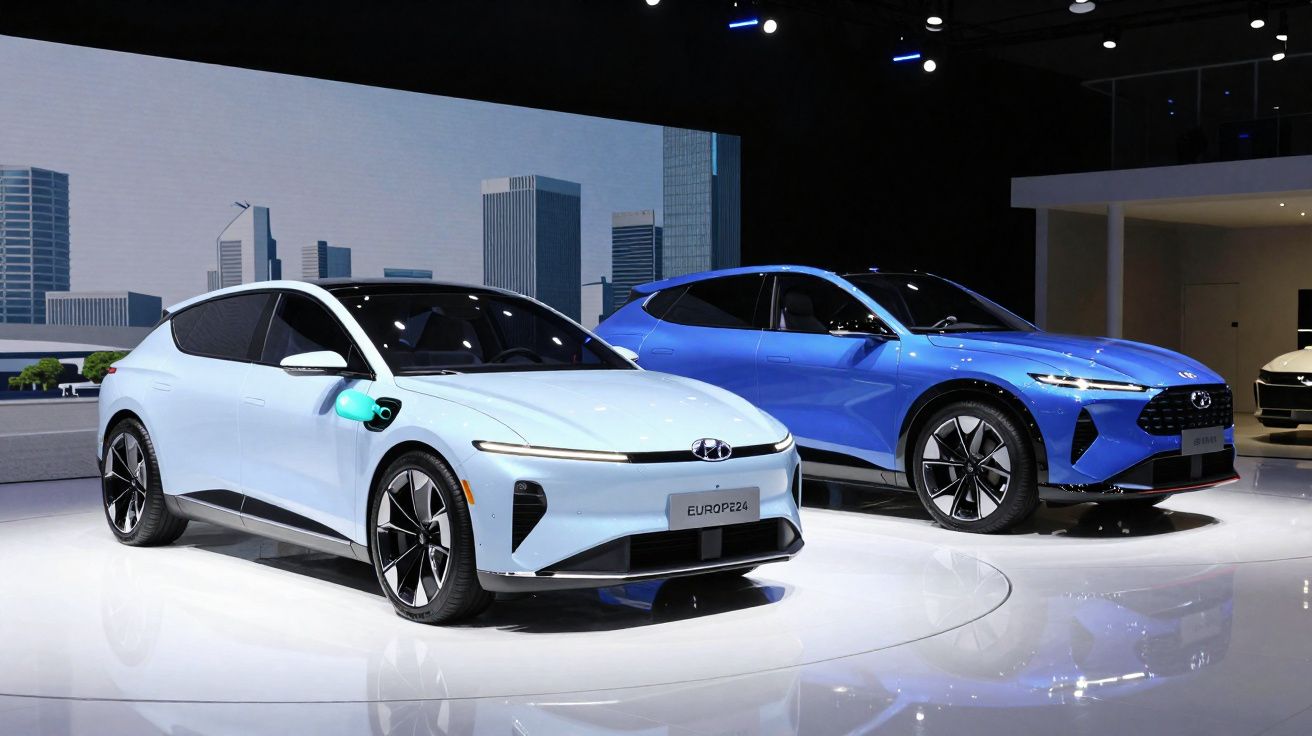 Dois carros elétricos Hyundai, um branco e outro azul, expostos numa feira automóvel moderna.