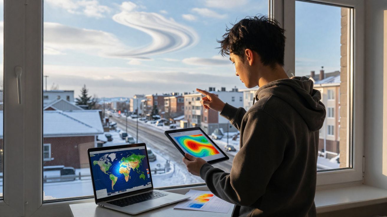 Pessoa a analisar mapas meteorológicos digitais numa tablet e portátil junto a uma janela com vista para cidade nevada.