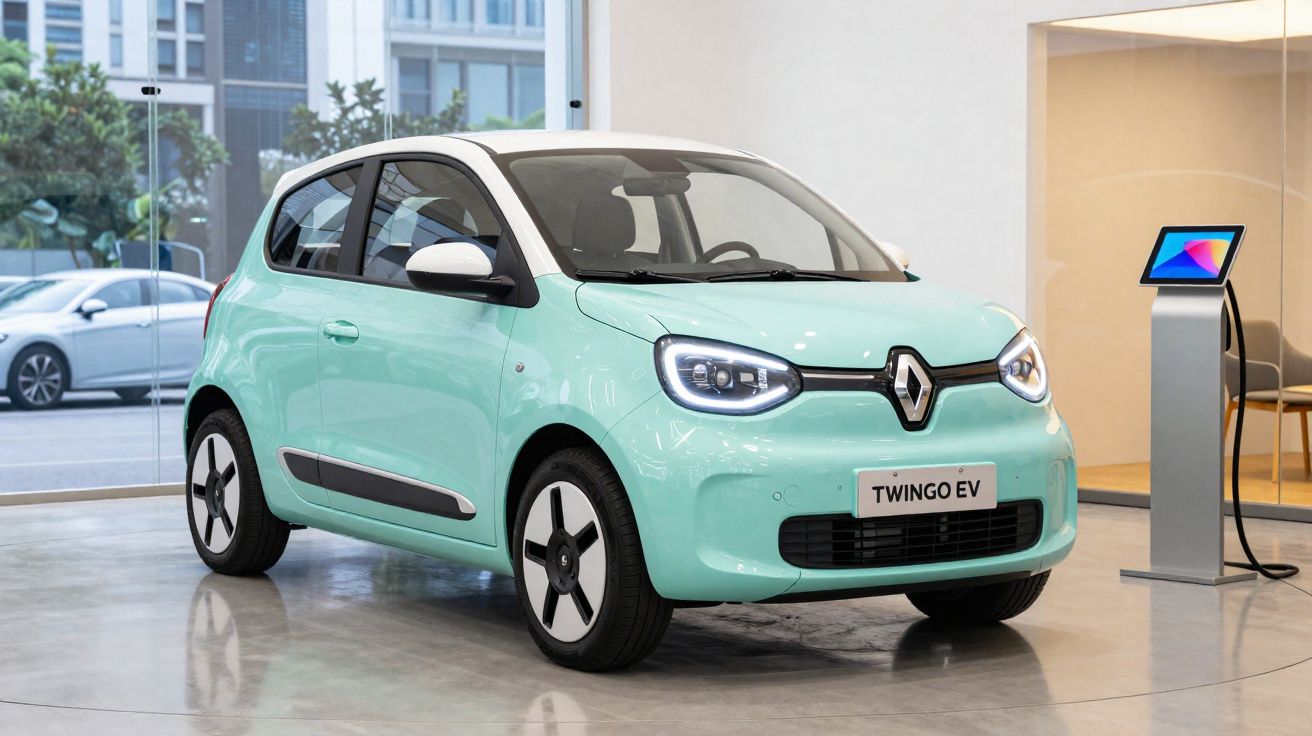 Renault Twingo EV verde água estacionado em showroom moderno com carregador elétrico.