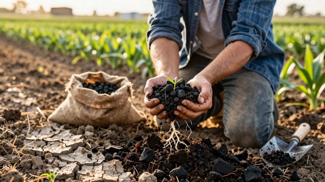 Homem ajoelhado a segurar terra com uma pequena planta e raízes, numa horta com saco de adubo e enxada ao lado.