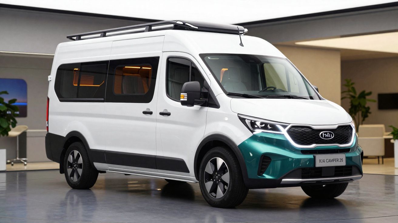 Carrinha camper branca com detalhes verdes, rodas pretas e design moderno estacionada em espaço interior.