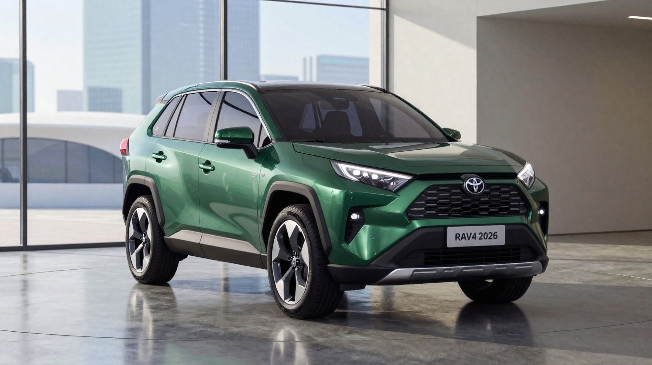 SUV Toyota RAV4 2026 verde, estacionado em espaço interior com grandes janelas e vista urbana.