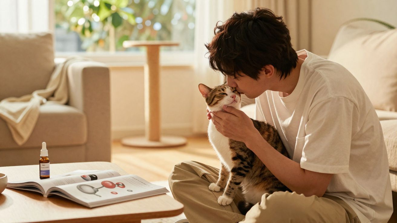 Pessoa sentada no chão a acariciar e beijar um gato num ambiente acolhedor e iluminado em casa.