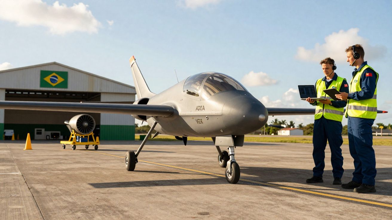 Avião pequeno estacionado num aeródromo com dois técnicos em coletes refletivos a analisar dados num computador portátil.