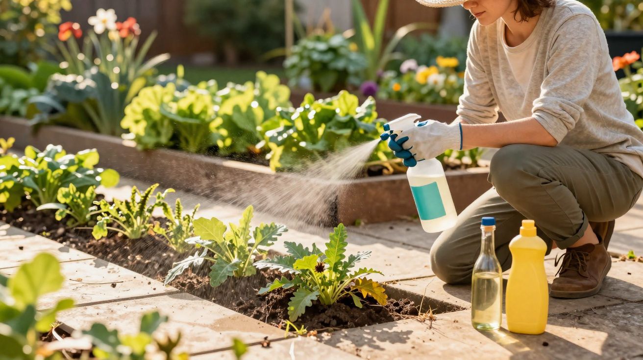 Pessoa a aplicar spray de proteção em plantas num jardim elevado com várias vegetações e flores.