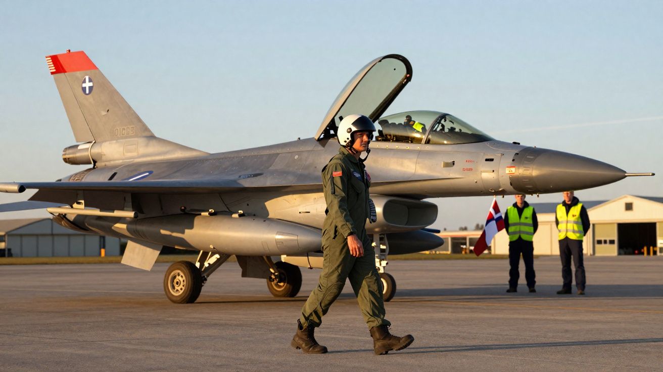 Jacto militar cinzento estacionado, piloto de uniforme e capacete a caminhar na pista, dois homens ao fundo.