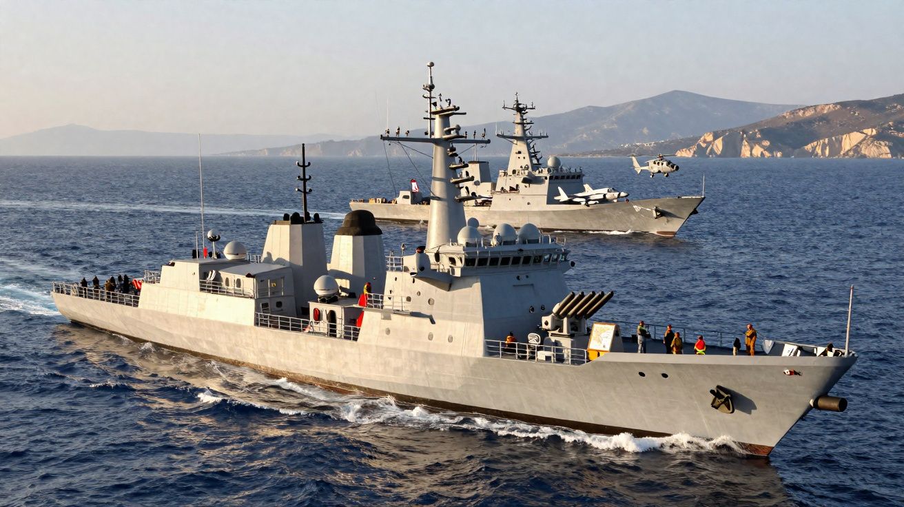 Dois navios militares a navegar no mar junto a uma costa montanhosa sob um céu limpo.