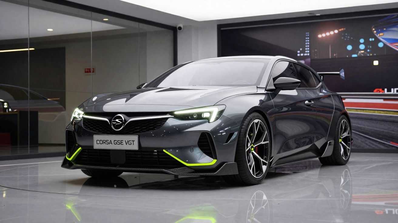 Carro desportivo Opel Corsa GSe VGT cinza escuro exposto num salão moderno com piso brilhante.