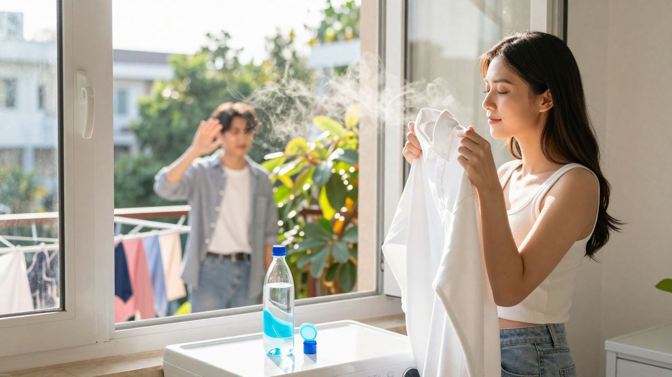 Mulher a vaporizar e passar perfume numa camisa branca junto à janela, homem acena do exterior.