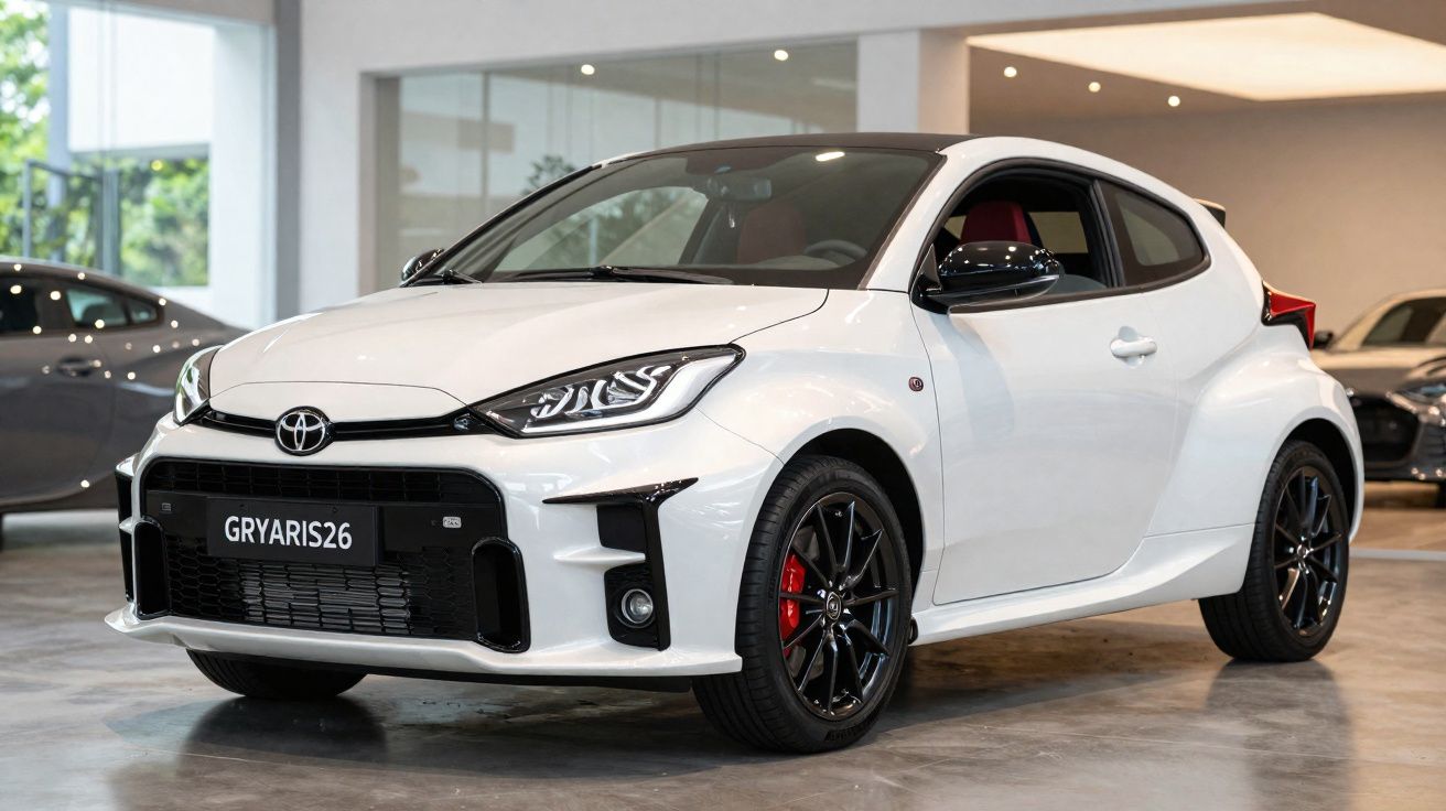 Carro desportivo compacto branco Toyota GR Yaris numa sala de exposição automóvel moderna.