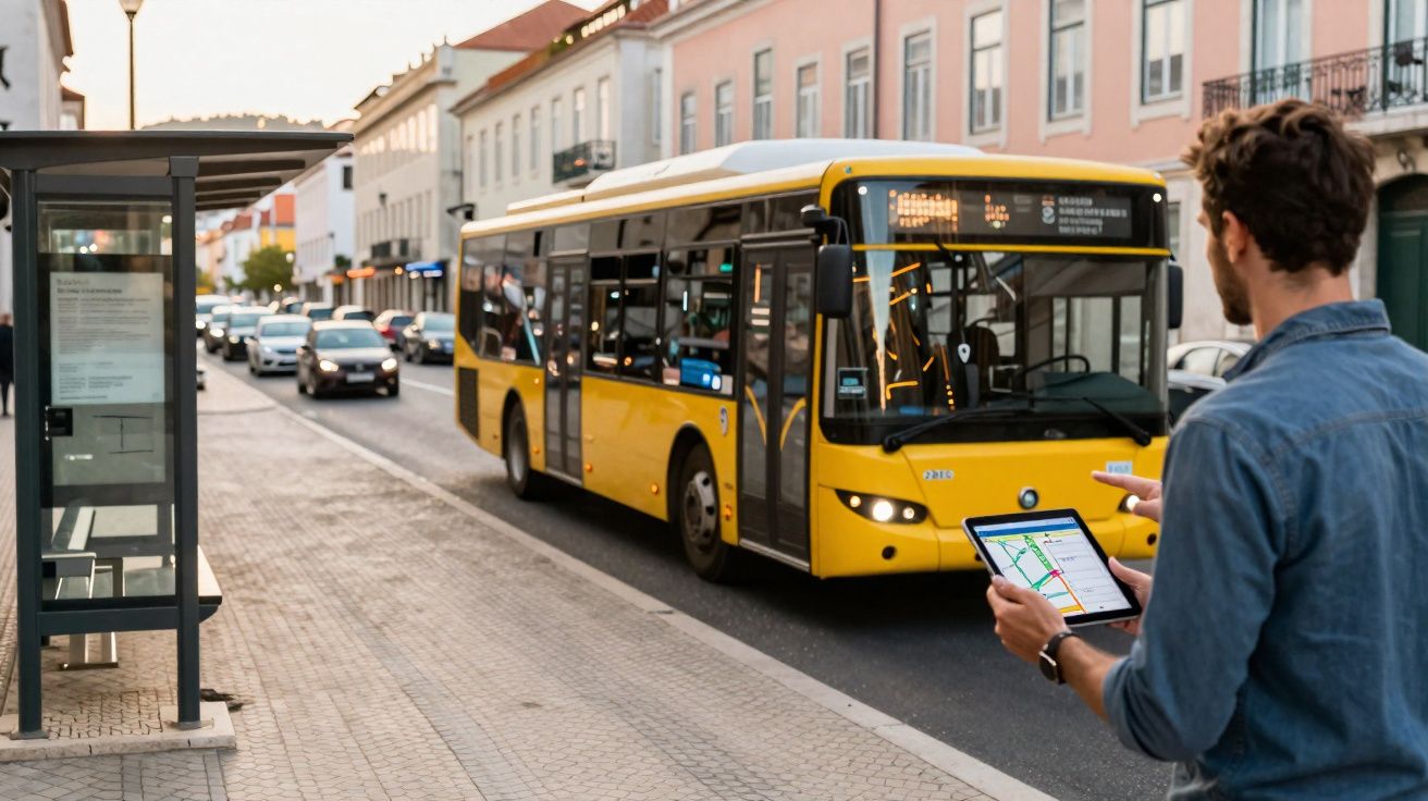 Homem a consultar mapa no tablet numa paragem de autocarro enquanto um autocarro amarelo se aproxima numa rua urbana.